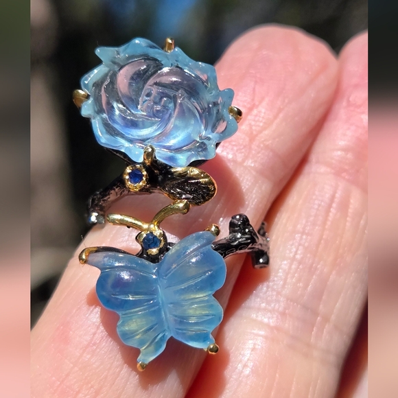 Celestial Kharma Collection by Avelon Jewelry - Aquamarine Butterfly & Flower Sterling Rhodium & Gold Ring Sz9 Adjustable